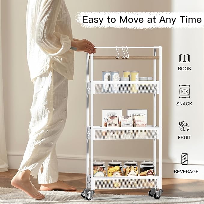 DGSNADGO Slim Rolling Storage Cart, 4-Tier Kitchen Cart on Wheels, Narrow Utility Cart with Handle and Wooden Tabletop for Small Space in Kitchen, Living Room, Bathroom, Laundry Room, Beige and White