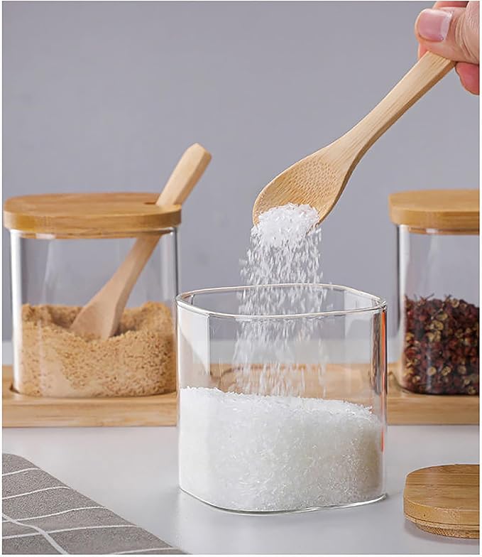 FANTESTICRYAN Glass Condiment Canister Pots with Bamboo Lids and Spoons, Kitchen Condiment Canisters, Set of 2 (Square)