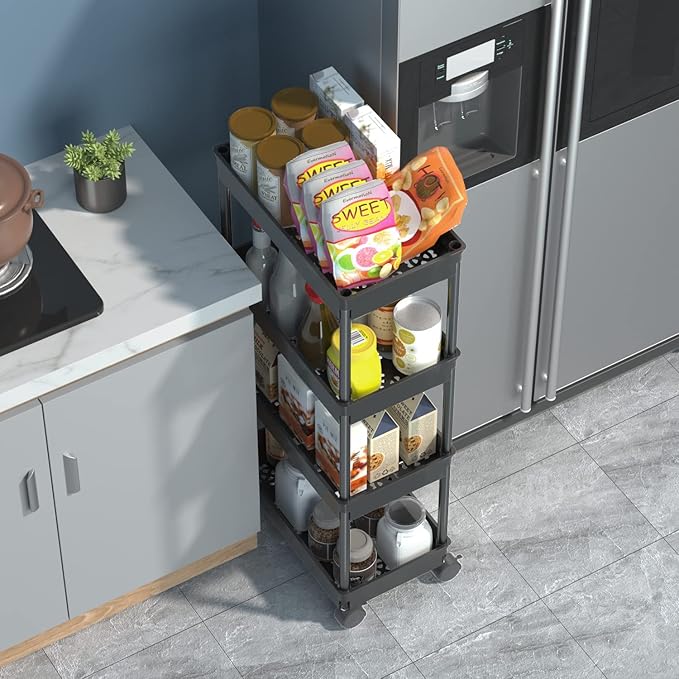Sooyee 4 Tier Wide Storage Cart Mobile Shelving Unit Organizer Slide Out Storage Rolling Utility Cart Tower Rack for Kitchen Bathroom Laundry, Plastic & Stainless Steel,Black