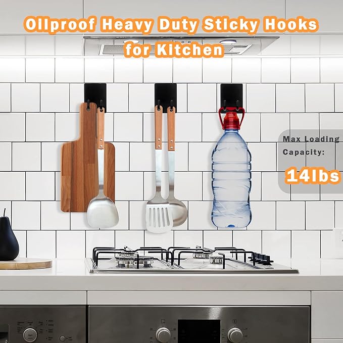 Adhesive Hooks, Stick on Stainless Steel Towel Robe Razor Wall Hooks for Bathroom Kitchen, Sticky Heavy Duty Durable Shower Hangers for Hanging Hat Coat Key 6-Pack (Black)