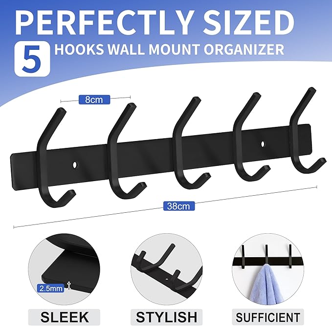 GlazieVault Black Coat Rack Wall Mount - Stainless Steel Coat Hooks for Wall (2 Pack) - Heavy Duty Coat Hanger Wall Mount for Hat Towel Jacket Clothes for Bathroom Door Hooks-NeatNest