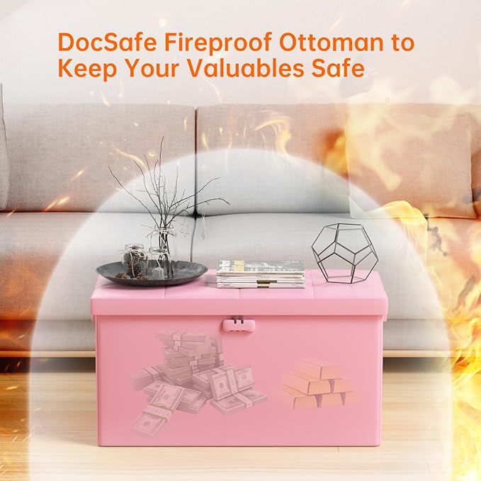 DocSafe Storage Ottoman Bench with Lock,Fireproof 30 Inches Folding Bench Foot Rest Stool Storage Chest Safe for Living Room,Bedroom,Home Office,Waterproof Leather Ottoman with Handles,Pink-NeatNest