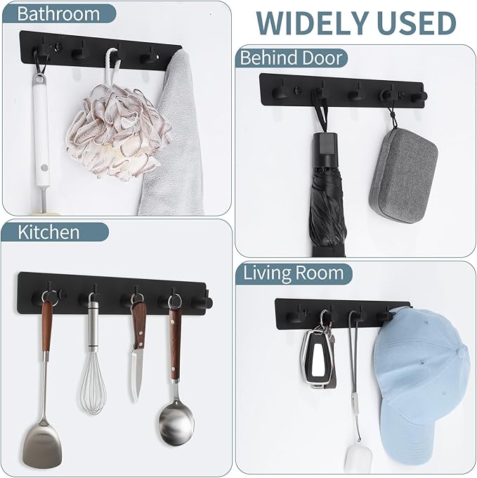 Coat Rack Wall Mount, Black Coat Hooks with 5 Hooks Heavy Duty Metal Towel Hook Rail Adhesive & Screw in Door Hooks Hanger Organizer Wall for Towels, Clothes, Hat-NeatNest