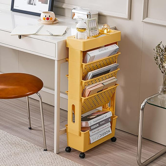 CINPIUK Yellow Rolling Office Paper Organizer, Mobile Book Cart Document Folder File Storage with Pen Holder, Slim Rolling Storage Cart Movable Bookshelf for Office, Dorm, Classroom, Nursery-NeatNest