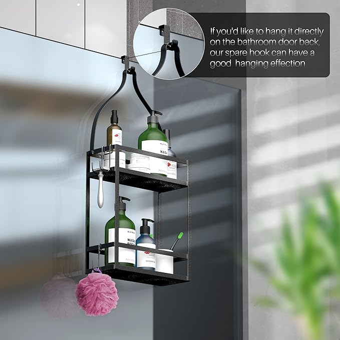 Meangood Shower Caddy, 10.4" x 4.5" x 22.04" Hanging Shower Caddy Organizer Over Shower Head Big Capacity for Shampoo, Conditioner with Hooks for Razor/Sponge, Matte Black
