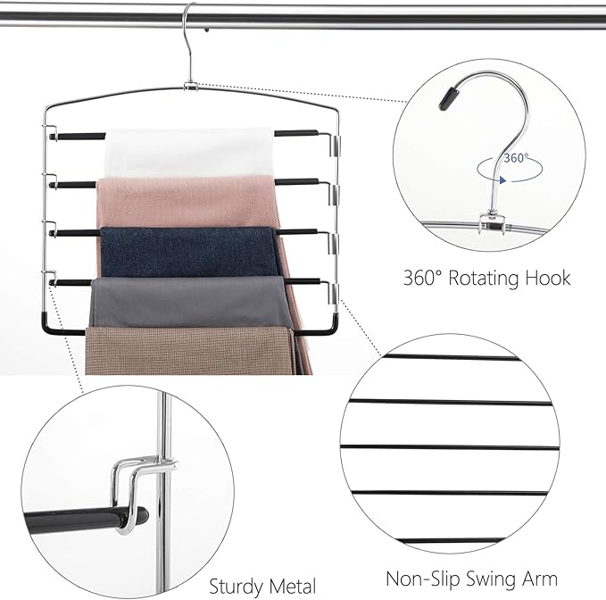 FeeraHozer Pants Hangers Non Slip 3 Pack Space Saving Hangers Multi-Layer Swing Arm Pants Hanger Stainless Steel Space Saver Hanger Closet Storage Organizer for Jeans Trouser Slacks Clothes (Black)-NeatNest