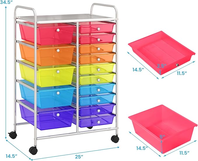 Giantex 15 Drawer Rolling Cart with Drawers, Storage Organizer Cart for Classroom Office School Teacher, Mobile Drawer Cart for Tools, Crafts, Small Printer, Paper (Clear Red+Orange+Green+Blue+Purple)