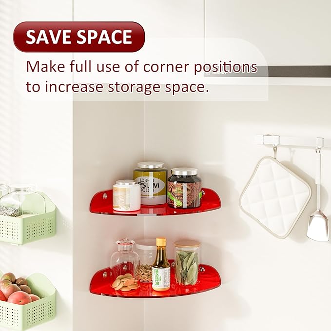 9.5x9.5 Inch Acrylic Corner Floating Shelf Set of 2, Red Corner Wall Shelf for Home Décor, Speakers, Security Cameras, Toileries, Plants, Figures, Cosmetics, Books