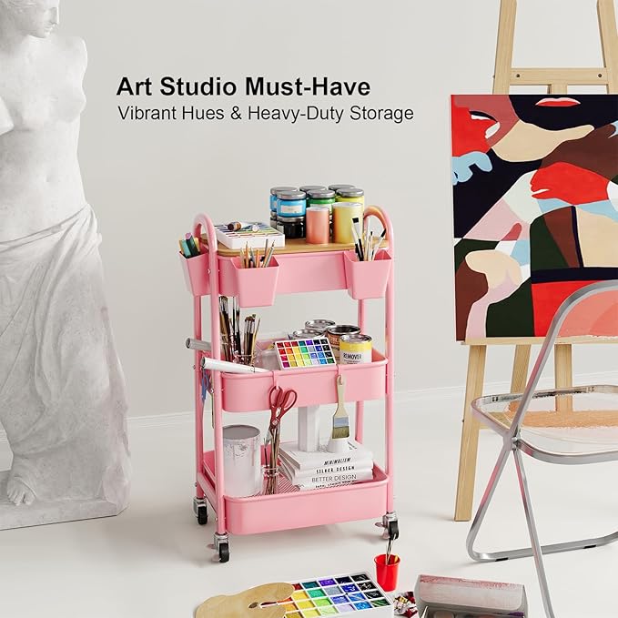 3 Tier Rolling Cart Metal with Wheels & Table Top, Pink Utility Cart with Cups and Hooks, Three Tiered Craft Cart Organizer on Wheels, Storage Carts for Salon, Lash, Hair, Nail, Makeup, Diaper, Book