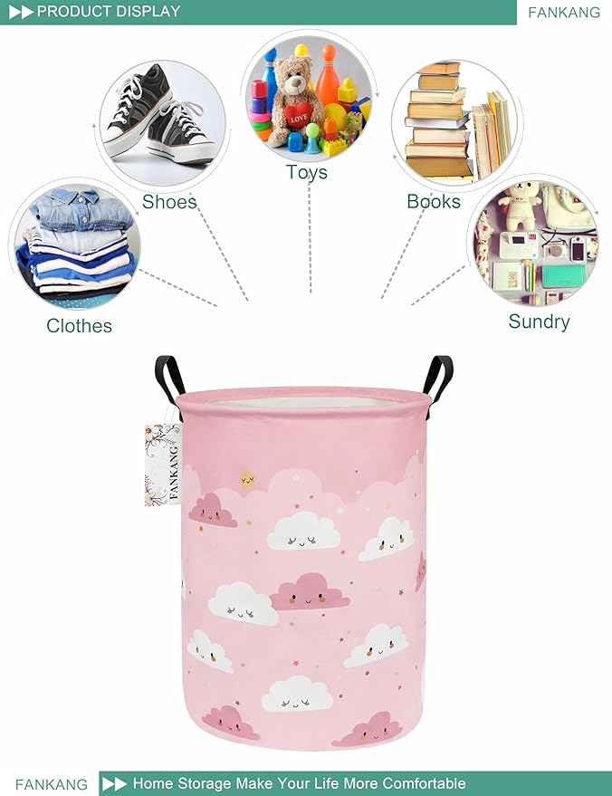 FANKANG Storage Basket, Nursery Hamper Canvas Laundry Basket Foldable with Waterproof PE Coating Large Storage Baskets for Kids Boys and Girls, Office, Bedroom, Clothes,Toys(pink cloud)
