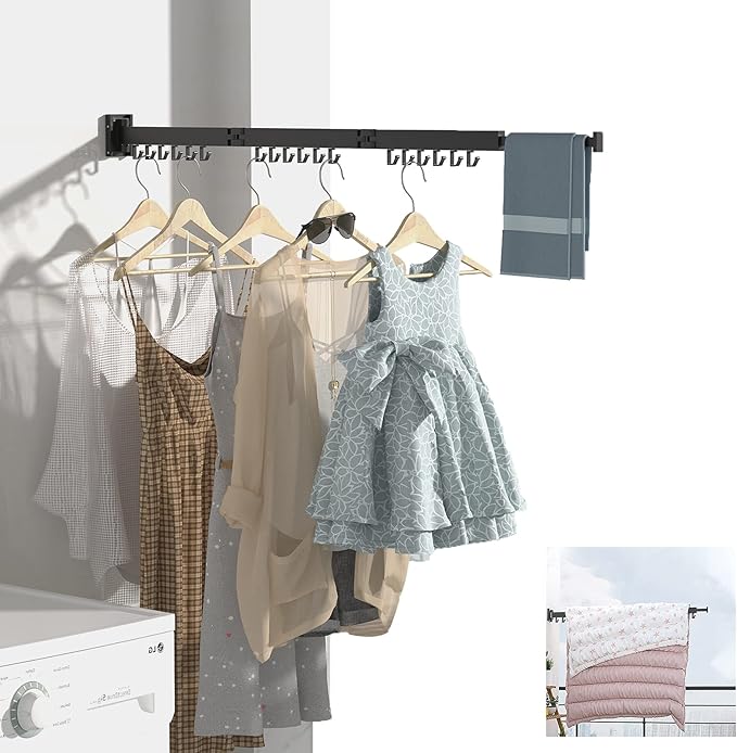 PLKO Retractable Clothes Drying Rack,Wall Mounted Clothes Hangers, Space Saver Laundry Drying Rack for Balcony,Laundry,Bathroom,Patio and Bedroom (3-Pole Black)