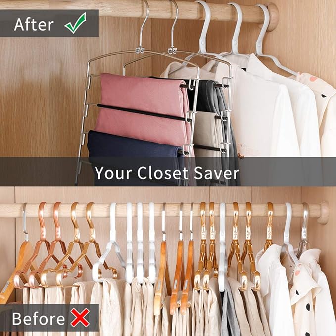 FeeraHozer Pants Hangers Non Slip 3 Pack Space Saving Hangers Multi-Layer Swing Arm Pants Hanger Stainless Steel Space Saver Hanger Closet Storage Organizer for Jeans Trouser Slacks Clothes (Black)-NeatNest