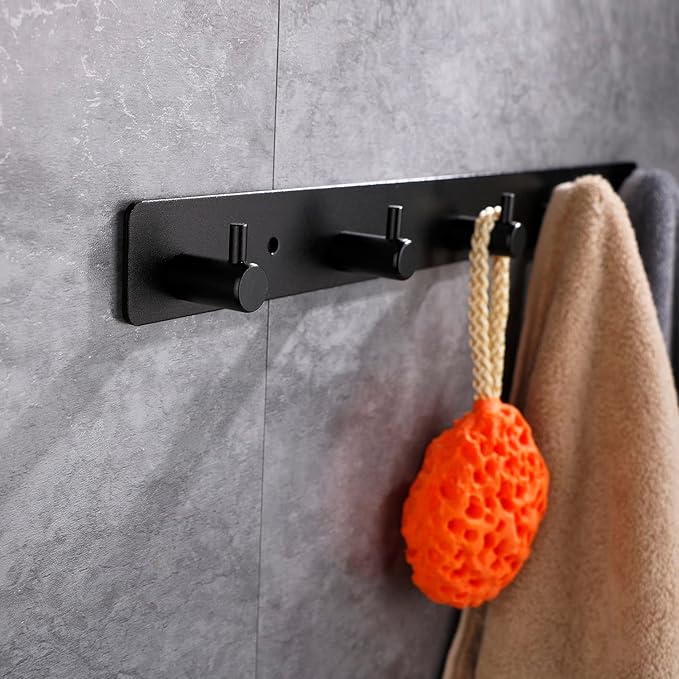 Adhesive Bathroom Black Hook Rail, 5 Matte Black Wall Key Hooks Rack Hanger Towel Robe Stick Door Hooks for Bathroom Toilet Entryway Hallway Kitchen Wall Mounted