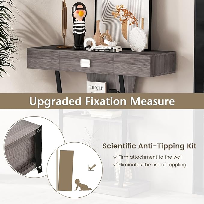 Giantex Narrow Console Table T-Shaped - Behind Couch Table with Drawer, Shelves, Dual Anti-Tipping Kits, Modern Foyer Table, Sofa Side Table for Living Room, Entryway, Hallway, Entry Table (Gray)-NeatNest