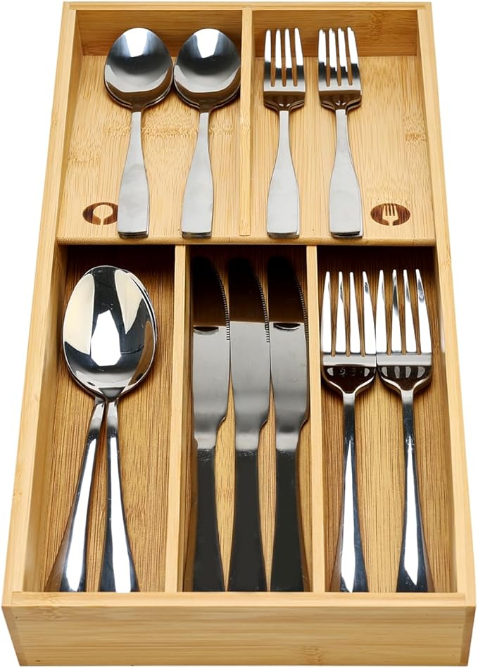 Bamboo Silverware Drawer Organizer Cutlery Tray for Drawer Wood Kitchen Utensil Tray Flatware Caddy Cutlery Holder Utensil Drawers Organizer for Spoon Fork Knives Wooden Silverware Trays-NeatNest