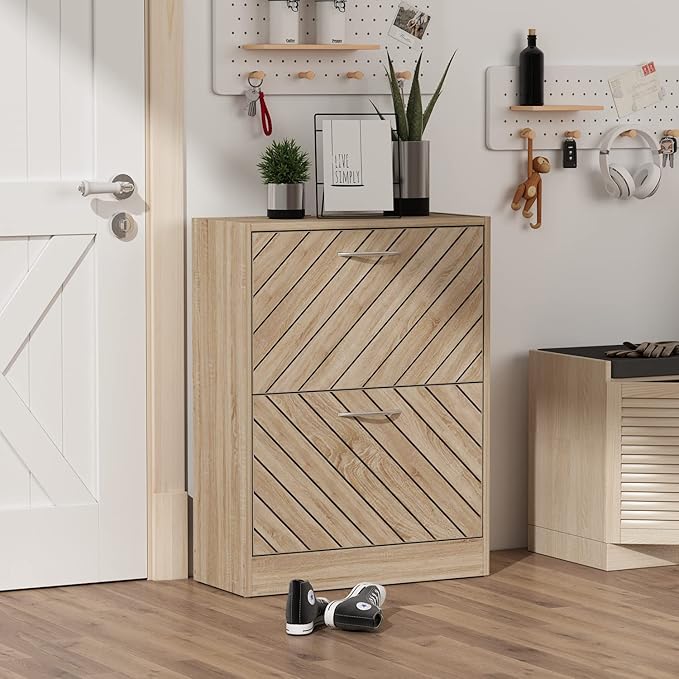 Homsee Modern Shoe Storage Cabinet with 2 Flip Drawers & Twill Louver Doors, Wood 2-Tier Shoe Rack Storage Organizer for Entryway, Hallway & Bedroom, Brown (22.4”L x 9.4”W x 29.5”H)-NeatNest