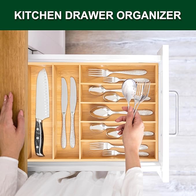 Bellsal Natural Utensil Organizer 12.5 Inch Silverware Organizer for Drawer Utensil Holder Cutlery Organizer Kitchen Drawer Organizer 7 Compartment Small Narrow Bamboo-NeatNest