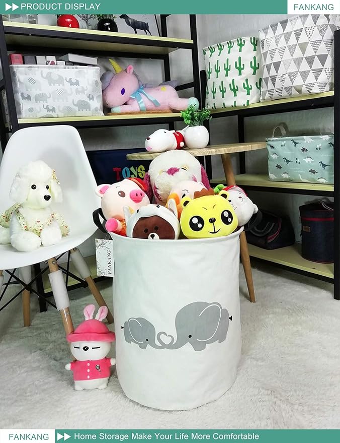 FANKANG Storage Basket, Nursery Hamper Canvas Laundry Basket Foldable with Waterproof PE Coating Large Storage Baskets for Kids Boys and Girls, Office, Bedroom, Clothes,Toys(Love Elephant)