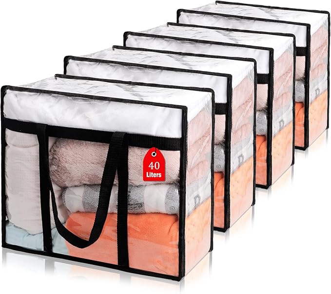 4Pack Clear Blanket Storage Bags, Vinyl Comforter Clothes Storage Closet Organizers and Storage Containers Moving Bags with Reinforced Handle for Bedding, Clothing, Comforters, Pillows, Toys,40L-NeatNest