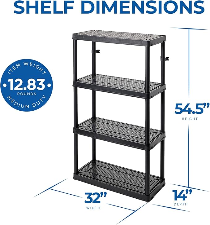 Gracious Living 4 Shelf Fixed Height Medium Duty Storage Unit 14 x 32 x 54.5" Organizer System for Home, Garage, Basement, & Laundry, Black (4 Pack)