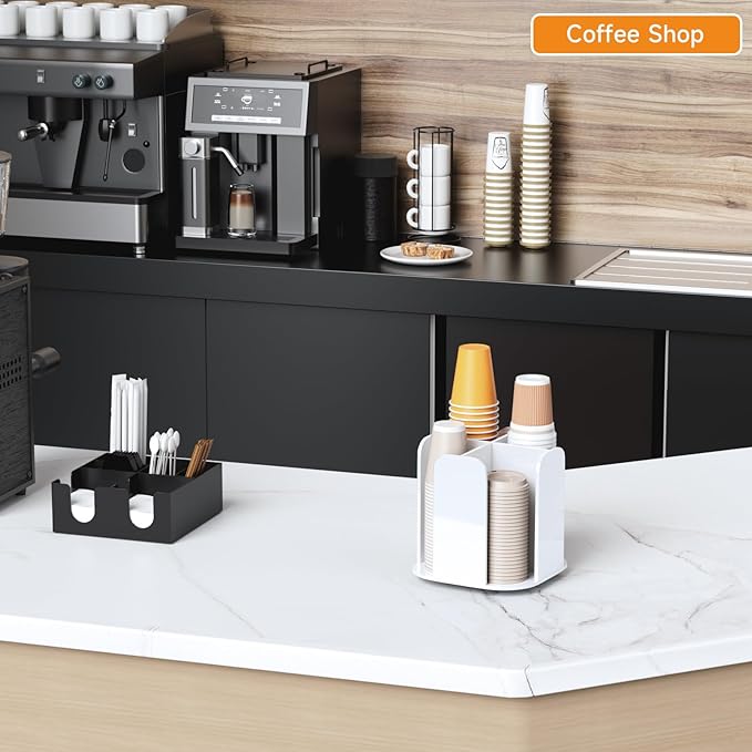 Beego Rotatable 4-Compartment White Acrylic Cup Dispenser - Coffee Station Cup and Lid Carousel Countertop Plastic Cup Holder for Restaurant Breakroom Coffee Bar-NeatNest