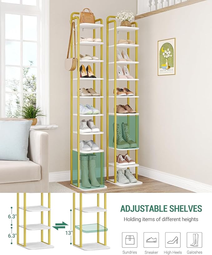 10 Tiers Vertical Shoe Rack, Narrow Shoe Tower, Tall Shoes Shelf with 2 Hooks, Adjustable Shelves, Corner Shoes Shelves for Small Spaces, Entryway, Living Room, White Gold SR11213A-NeatNest