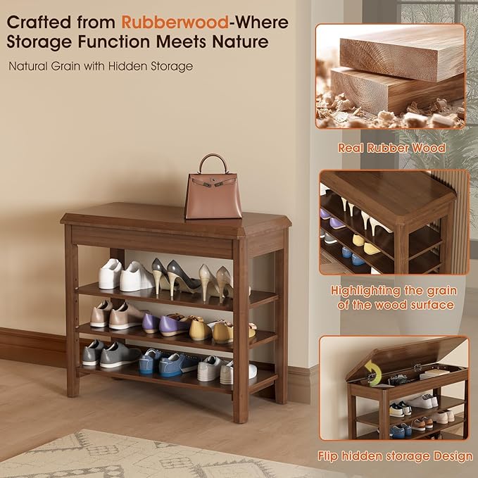 Shoe Rack Bench Seat Rubberwood 3-Tier Wooden Storage Bench 550lbs Compact Mid-Century Modern Design for Entryway, Hallway, Closet, Front Door Entrance, Foyer-NeatNest