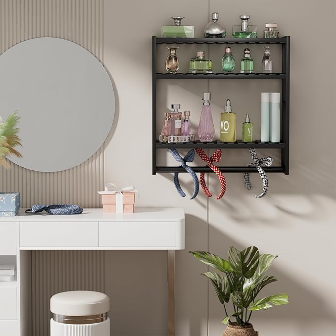 PPN Towel Rack Bathroom Storage Shelves Over The Toilet with Towel Bar 100% Bamboo Adjustable Height Floating Shelf Wall Shower Shelf for Small Space Bathroom Kitchen Multi Usage (Black-1Pack)