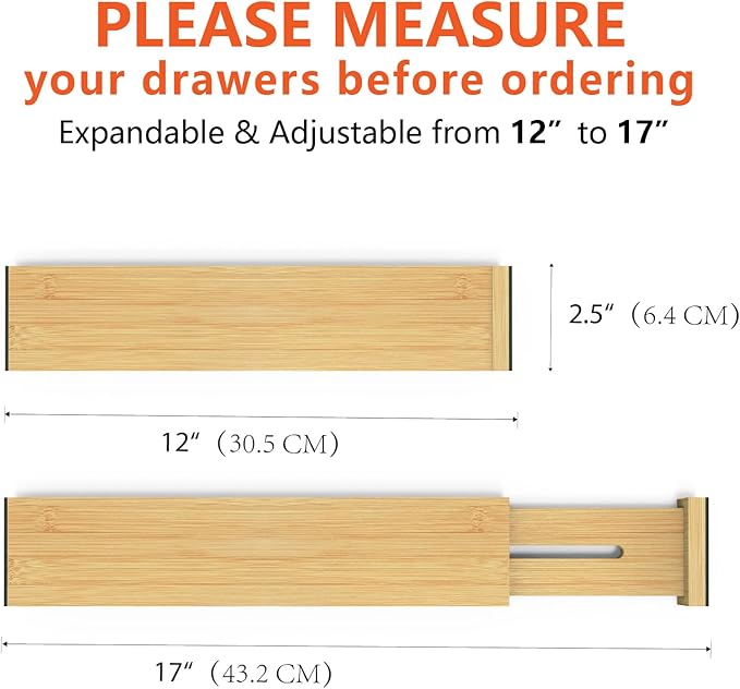 4 Pack Bamboo Drawer Dividers, Adjustable Length from 12 Inch to 17 Inch, Expandable Kitchen Drawer Organizer, Drawer Organization Separators for Clothes, Kitchen, Bedroom, Dresser, Office (Beige)-NeatNest