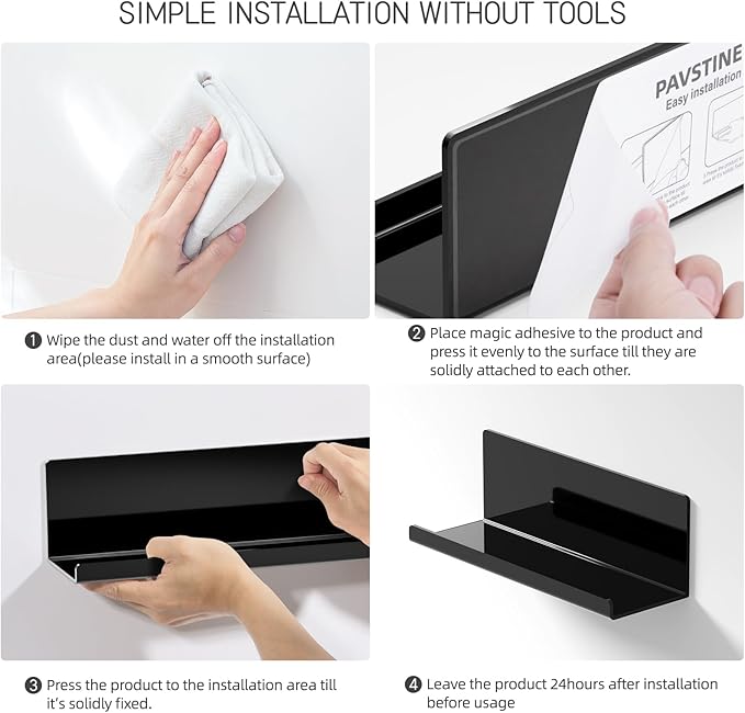 Acrylic Floating Shelves for Wall No Drilling, Self Adhesive Space-Saving Shelves, 12 Inch Floating Shelf Stick on Wall Shelf, for Bathroom, Kitchen, Bedroom, Office, Gaming Room, Black-NeatNest