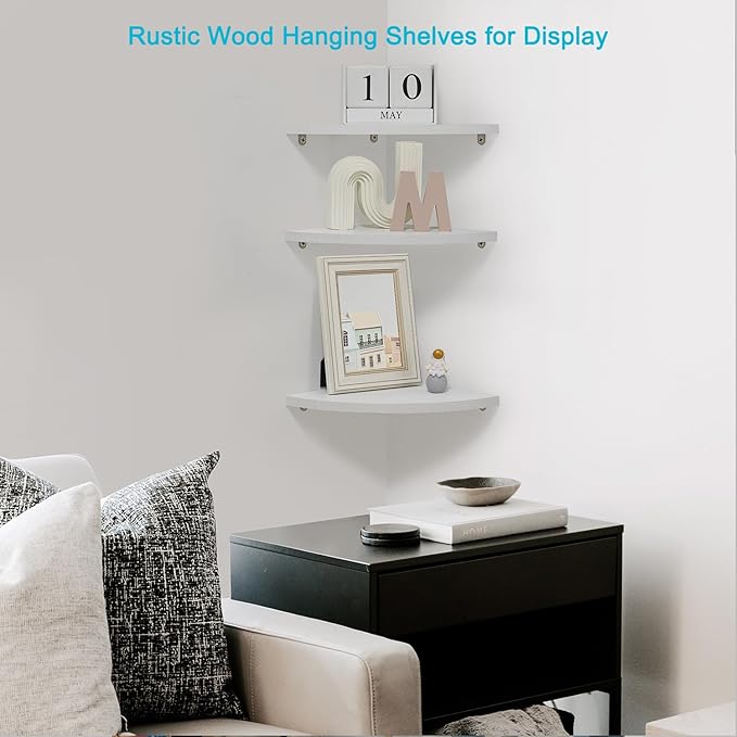 Joiishom Corner Wall Shelf Set of 3, Floating Corner Shelves for Wall, Rustic Wood Wall Storage Display Shelves for Living Room Bedroom Bathroom Kitchen (Round Edge-White)-NeatNest