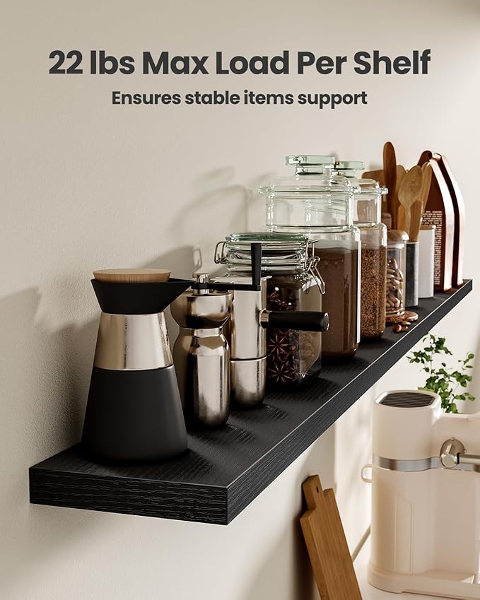 AMADA HOMEFURNISHING Floating Shelves, Wall Shelves for Living Room, Bedroom, Bathroom, Kitchen & Home Office Organization, Bathroom Shelves with Hidden Brackets, 22 lbs Max Load, Black, AMFS45B-NeatNest