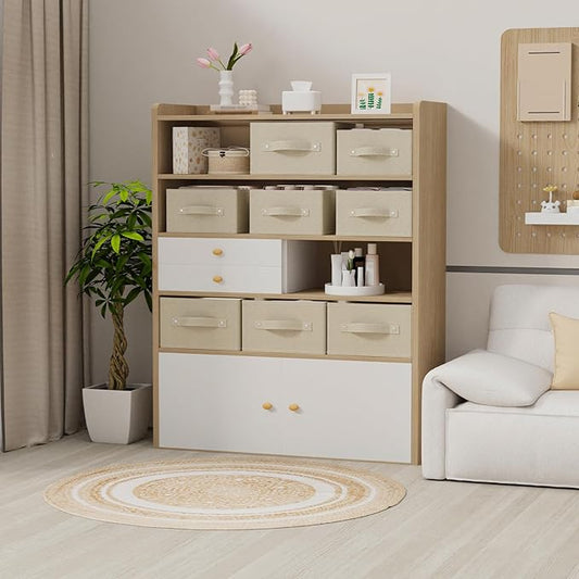 Collapsible Fabric Organizer Bins, Storage Boxes, Cloth Cube Baskets for Organizing Home, Office and Closet, Grey and Beige, 3 Pack, 16.1x9.8x6.4in-NeatNest