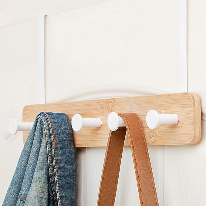 Badiano Over The Door Hook Hanger, Bamboo Coat Rack with 5 Metal Hooks, Wood Clothes Organizer for Coat, Towels, Bags, Robes (White)