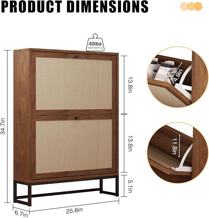 AVZEAR Freestanding Shoe Organizer with 2 Flip Drawer Doors, Entryway & Closet Shoe Storage, Linen Doors, Walnut-NeatNest