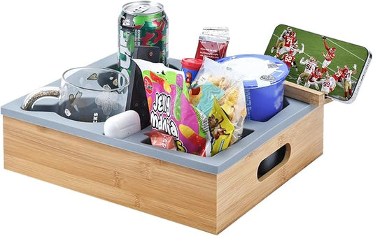 Couch Cup Holder with Sturdy Bamboo Bottom Tray and Anti-Spill Washable Silicone Liner for Eating on Couch or Bed, TV-Watching Food Snack Trays with Drinks Cup Holder TV Remote Holder (Grey)-NeatNest