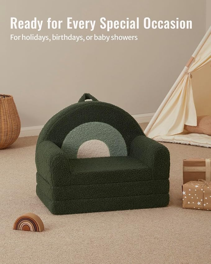 Blissful Diary Foldable Toddler Couch, 2-in-1 Comfy Toddler Chair & Lounger for Reading, Nap, Playroom, Kids Couch Sofa for 1 2 3+ Year Old Girls Boys Birthday Gift, Dark Green Arclet-NeatNest