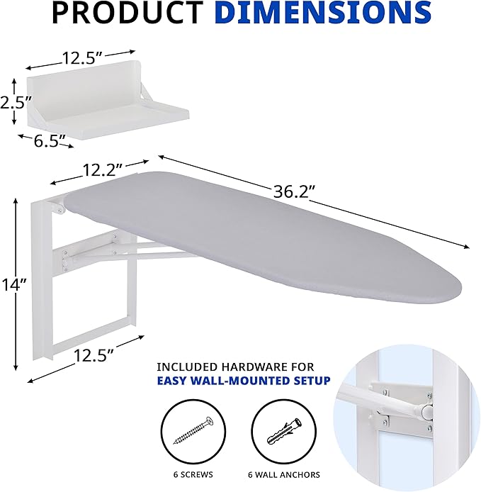 Ivation Wall-Mounted Ironing Board With Storage Shelf, Foldable 36.2” x 12.2”, Fold Down Ironing Station for Home, Apartment &, Easy-Release Lever, Removable Cotton Cover & Dorms, Hardware Included