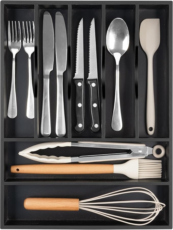 Bellsal Bamboo Silverware Drawer Organizer, Utensil Kitchen Drawer Organizer, Utensil Holder Cutlery Tray with Grooved Drawer Dividers for Kitchen Utensils and Flatware Bedroom Office (7 Slot, Black)-NeatNest
