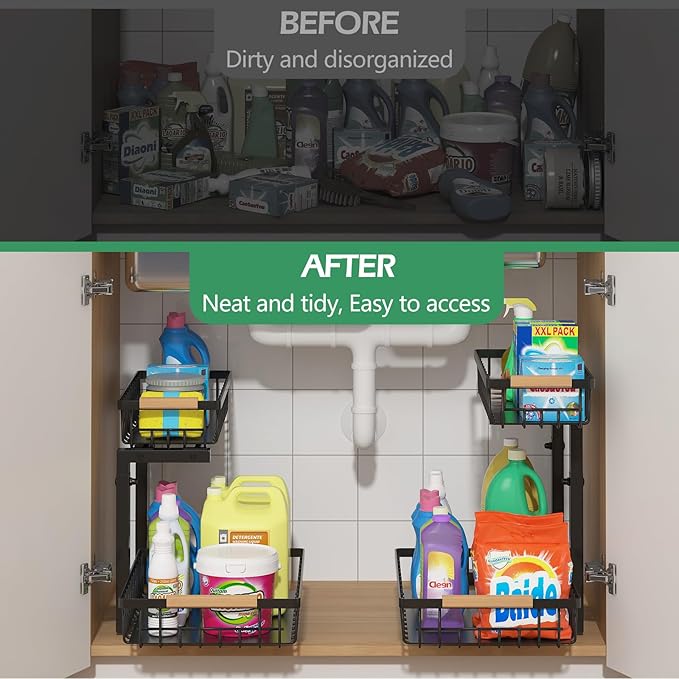 ADRIMER Under Sink Organizer 2 Packs, Pull Out Kitchen Sink Organizer, 2 Tier Slide Out Kitchen Organizers and Storage Bathroom Under Cabinet Storage Shelf, Black-NeatNest