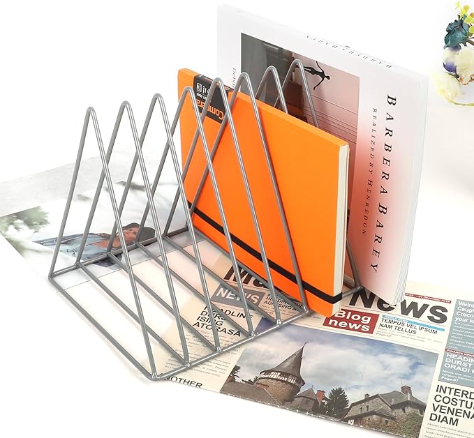 EASEPRES Vinyl Record Holder Storage, 9 Slot Metal Magazine Book Album Display Rack, Stylish Triangle Desktop File Sorter Organizer for Home Office, Grey Pack of 2