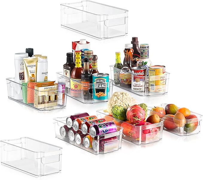 NutriChef Set of 8 Refrigerator Bins-4 Wide and 4 Narrow Stackable Fridge Organizers for Freezer, Kitchen, Countertops, Cabinets-Designed with Practical Carry Handles and Interior, 8 containers, Clear