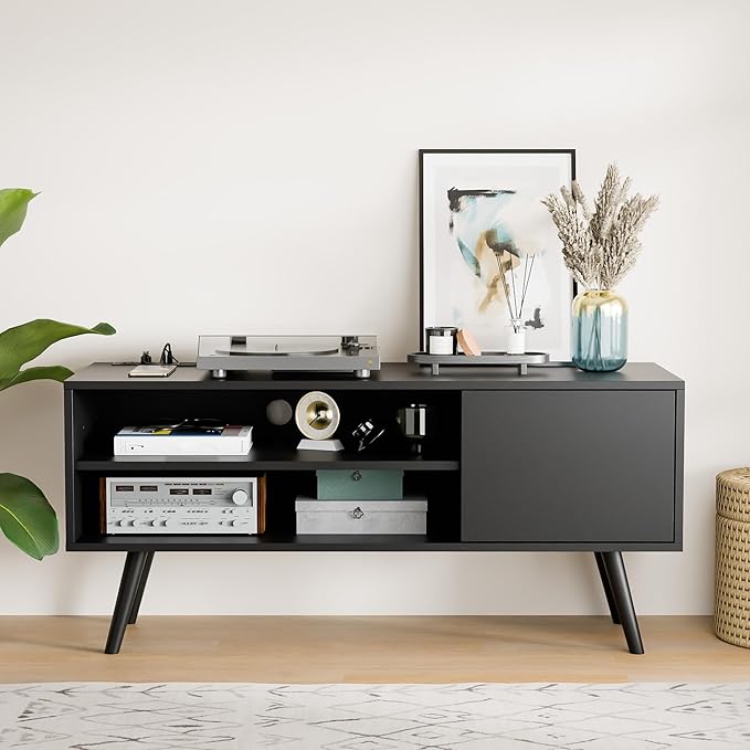 Cozy Castle TV Stand for 48 Inch TV, Mid Century Modern Entertainment Center with Storage Cabinet, TV Media Console for Living Room, Bedroom, Black-NeatNest