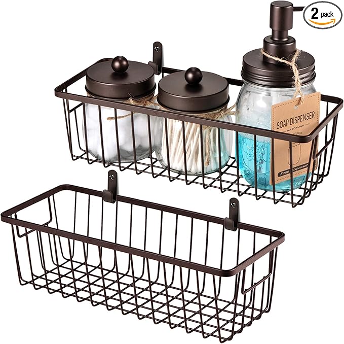 SheeChung Farmhouse Decor Metal Wire Bathroom Storage Organizer Basket Bins - for Cabinets, Shelves, Closets, Vanity Countertops, Under Sinks, Pantry, Laundry Room, Garage - Small, 2 Pack (Bronze)