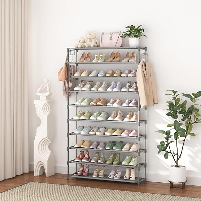 10 Tiers Shoe Rack 50 Pairs Large Capacity Tall Shoe Organizer Sturdy Shoe Storage with Two Hooks Space Saving Metal Wide Shoe Rack for Closet, Entryway, Bedroom, Grey-NeatNest