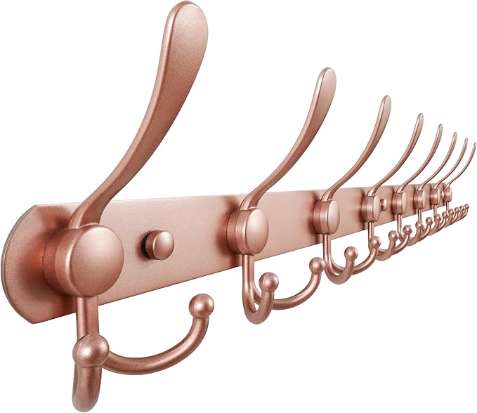 Dseap Coat Rack Wall Mount - 29.5” Long 8-Tri-Hooks Heavy Duty Coat Hanger Rail Wall Hooks for Hanging Coats Hats Clothing Clothes Purse Mudroom Entryway, Rose Gold-NeatNest
