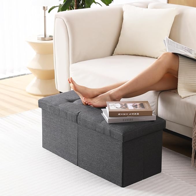 CUYOCA Storage Ottoman Bench Foldable Seat Footrest Shoe Bench End of Bed Storage with Flipping Lid, 75L Storage Space, 30 inches Linen Fabric Black-NeatNest