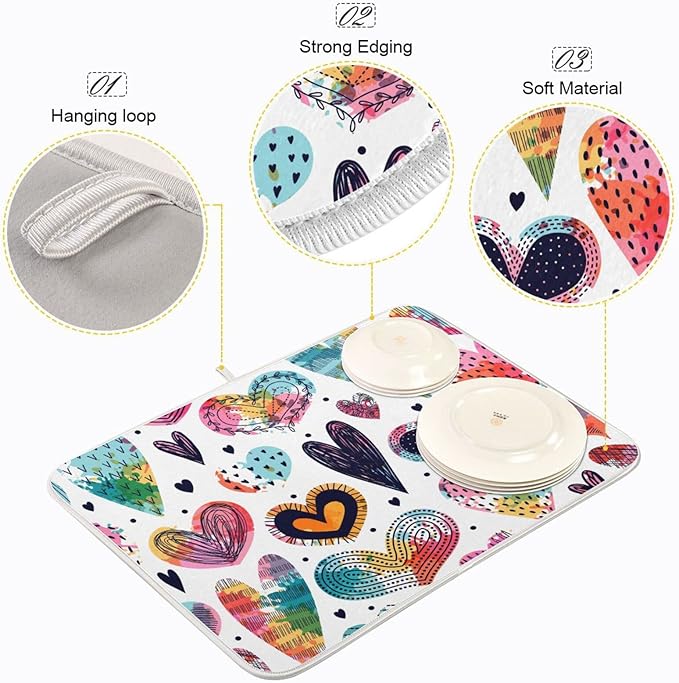 Absorbent Dish Drying Mat for Kitchen Counter - Cute Hearts Colorful Microfiber Drying Pad, Reversible Drainer Mats for Countertop, Small 16" x 18"