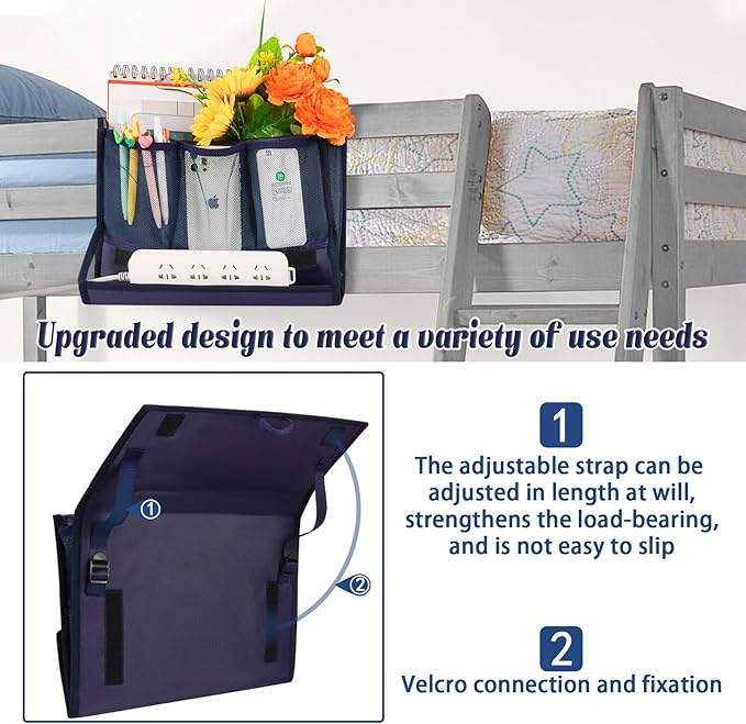 Bedside Storage Organizer with Power Strip Holder and Adjustable Straps Bed Hanging Bag for Home Bunk Bed Dorm Sofa (Navy Blue)-NeatNest