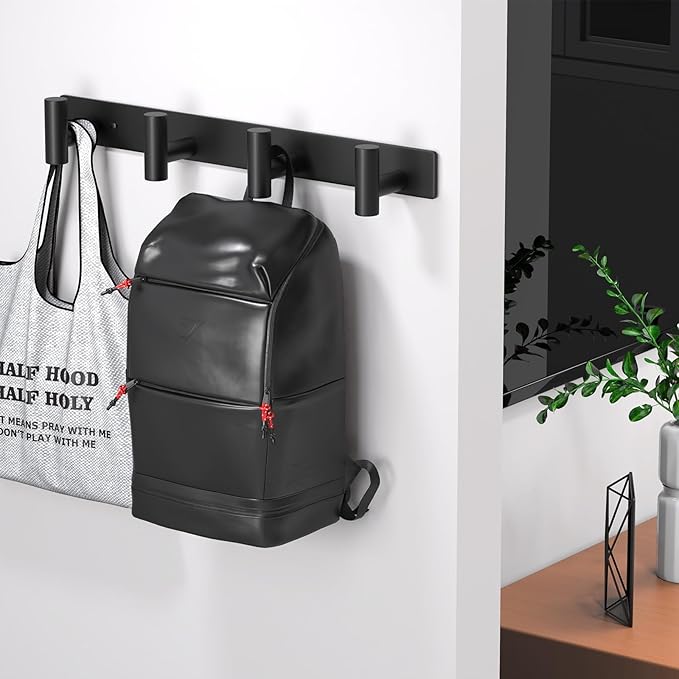 Coat Rack Wall Mounted with 4 Hooks, Wall Hooks for Hanging Towel Coat Hat Bag, Heavy Duty, Metal Hat Rack Coat Hanger Towel Hooks Coat Hooks for Entryway Bathroom Kitchen (Black, 2 Packs)-NeatNest